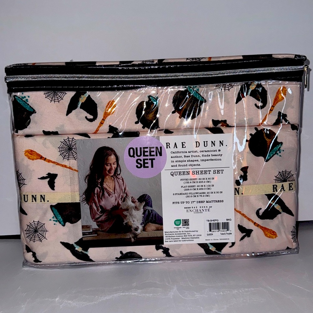 New Rae Dunn 4 Piece Queen Sheet Set Halloween Pink Multi Toile & Trouble Witch